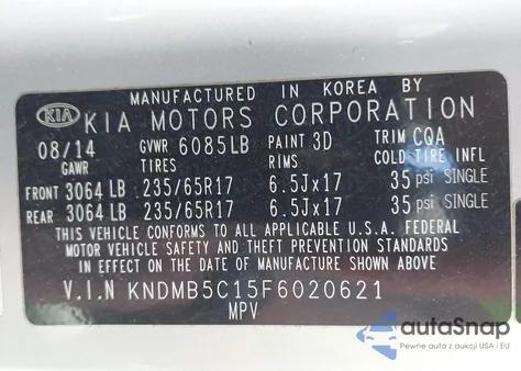 2015 Kia Sedona Lx from USA, damaged, VIN KNDMB5C15F6020621